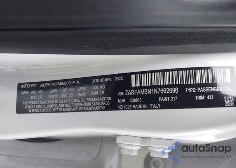 2022 Alfa Romeo Giulia Ti Rwd from USA, damaged, VIN ZARFAMBN1N7662696